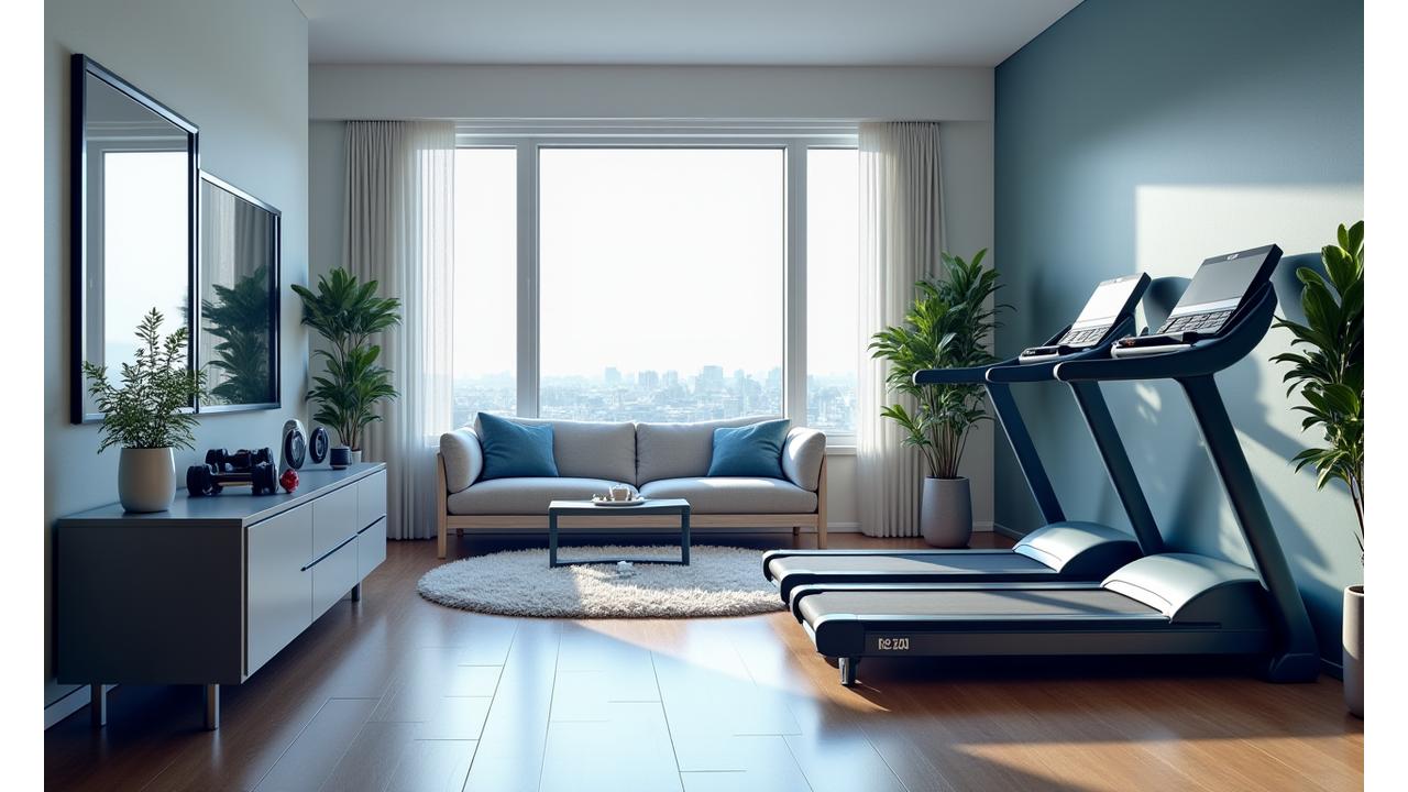 Modern apartment gym with sleek equipment and integrated smart tech before and after shots