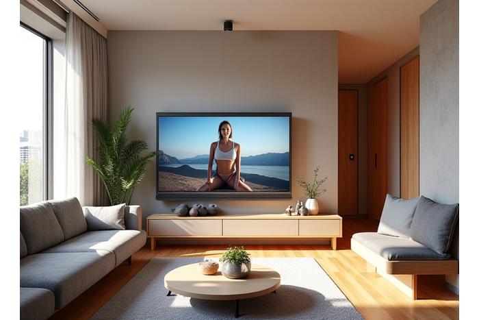 Thoughtfully designed small apartment gym maximizing space for virtual workouts with a retractable screen.